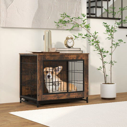 Dog Crate Furniture with Double Lockable Doors and Removable Pull-out Tray-M