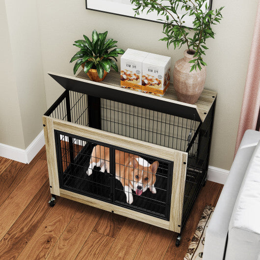 Industrial Dog Kennel with Flip-up Top 3 Lockable Doors and Removable Tray-Rustic Brown