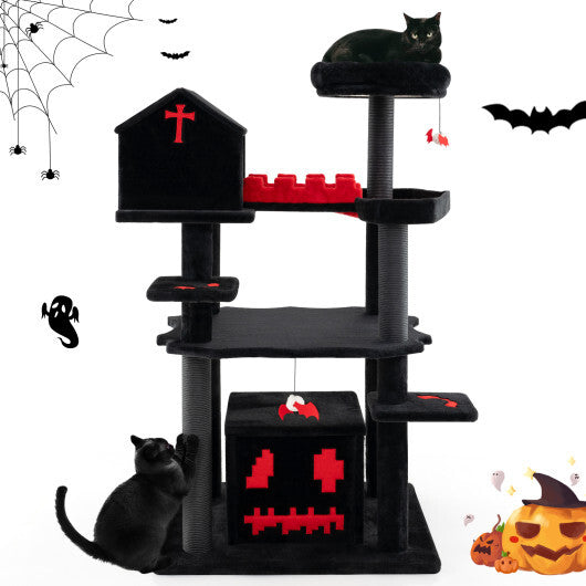 Gothic Cat Tree 49 Inch Tall Cat Tower 6-Tier Cat Activity Center with Coffin Bed-Black - Color: Black