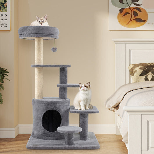 40 Inch Multi-level Cat Tower with Condo and Dangling Jingle Ball-Gray