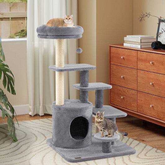 40 Inch Multi-level Cat Tower with Condo and Dangling Jingle Ball-Gray