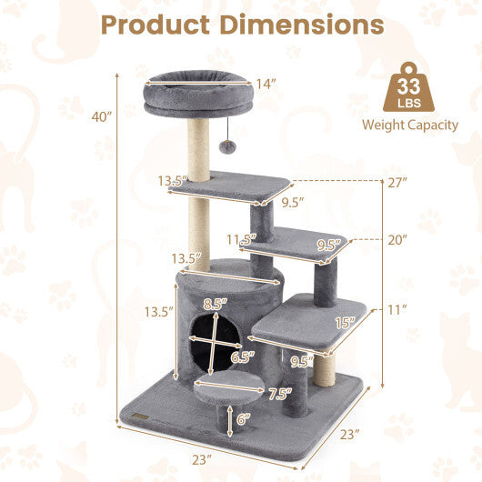 40 Inch Multi-level Cat Tower with Condo and Dangling Jingle Ball-Gray