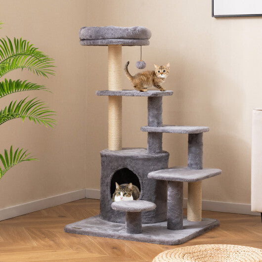 40 Inch Multi-level Cat Tower with Condo and Dangling Jingle Ball-Gray
