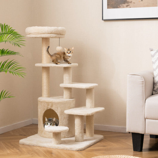 40 Inch Multi-level Cat Tower with Condo and Dangling Jingle Ball-Gray