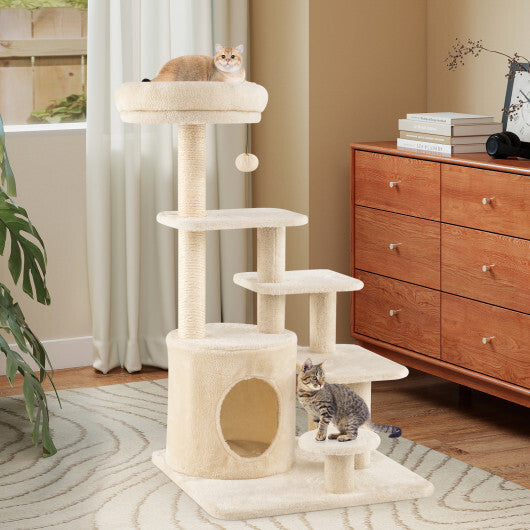 40 Inch Multi-level Cat Tower with Condo and Dangling Jingle Ball-Gray