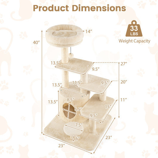 40 Inch Multi-level Cat Tower with Condo and Dangling Jingle Ball-Gray