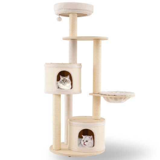 Wooden Kitten Tower with Sisal Scratching Posts and 2 Condos-Natural