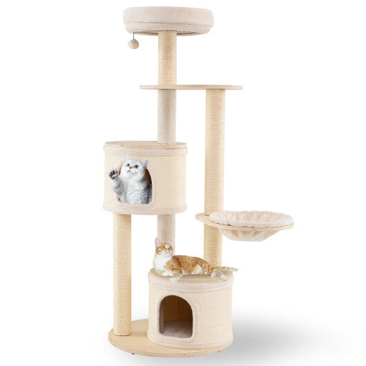 Wooden Kitten Tower with Sisal Scratching Posts and 2 Condos-Natural