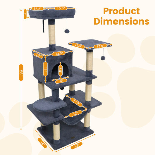 58" Multi-Level Cat Tree Soft Plush Cat Tower with Padded Top Perch-Grey