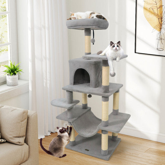 58" Multi-Level Cat Tree Soft Plush Cat Tower with Padded Top Perch-Grey