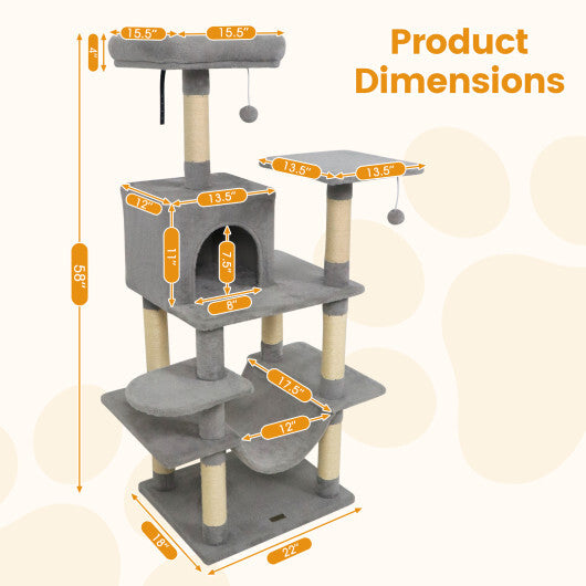 58" Multi-Level Cat Tree Soft Plush Cat Tower with Padded Top Perch-Grey