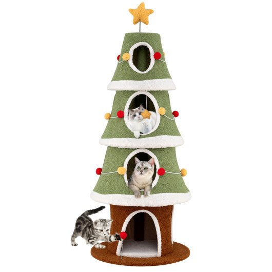Large Christmas Cat Tree for Indoor Cats 61 Inch Cute Cat Tower with 4 Condos-Green