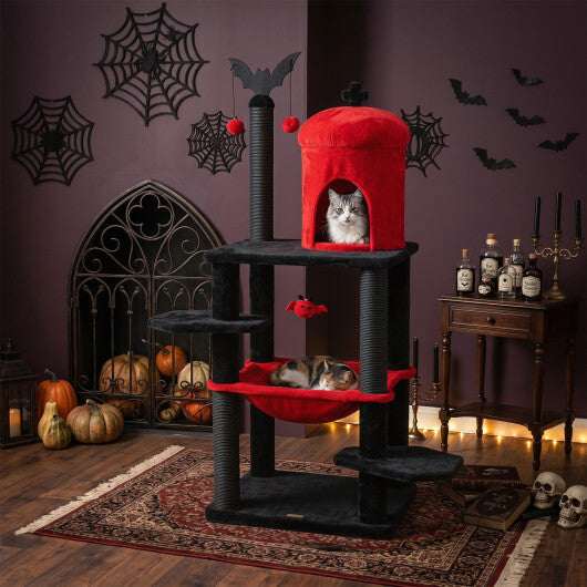 51" Gothic Multi-level Cat Tree with Spider Hanging Toy for Black Halloween-Red