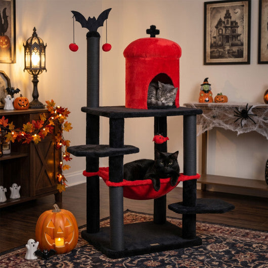 51" Gothic Multi-level Cat Tree with Spider Hanging Toy for Black Halloween-Red