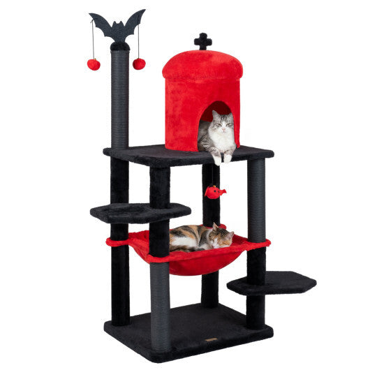 51" Gothic Multi-level Cat Tree with Spider Hanging Toy for Black Halloween-Red