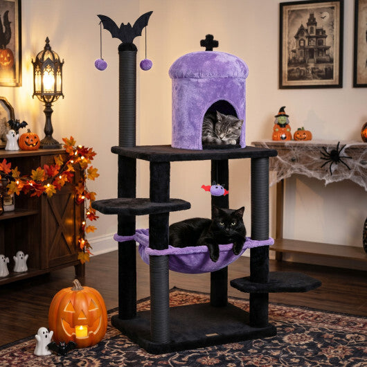 51" Gothic Multi-level Cat Tree with Spider Hanging Toy for Black Halloween-Red