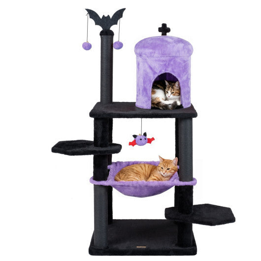 51" Gothic Multi-level Cat Tree with Spider Hanging Toy for Black Halloween-Red