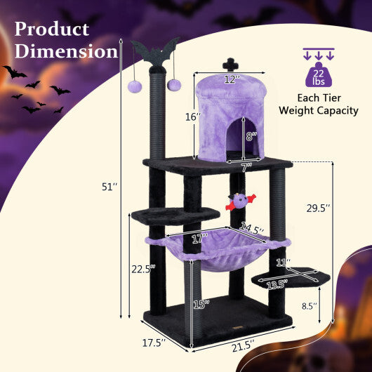 51" Gothic Multi-level Cat Tree with Spider Hanging Toy for Black Halloween-Red