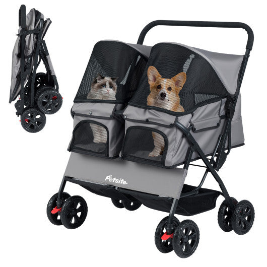 Foldable Double Pet Stroller with Adjustable Sunshade and Storage Basket-Gray