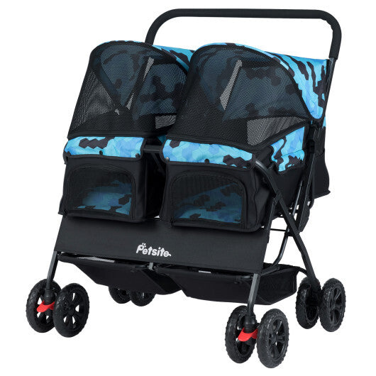 Foldable Double Pet Stroller with Adjustable Sunshade and Storage Basket-Gray