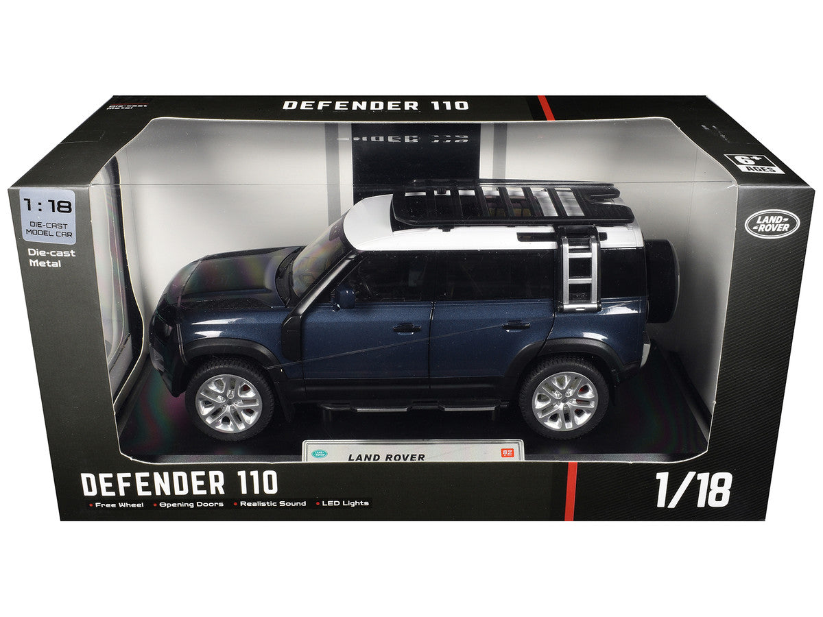Land Rover Defender 110 Blue Metallic with White Top and Roof Rack 1/18 Diecast Model Car by Heimanba