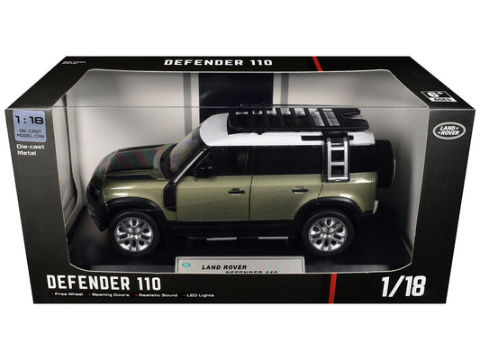 Land Rover Defender 110 Green Metallic with White Top and Roof Rack 1/18 Diecast Model Car by Heimanba