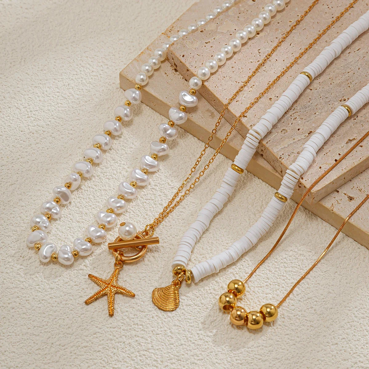 Ingemark 3Pcs/Set Bohemian Scallop Starfish Pendant Necklace for Women  Elegant Imitation Pearl Chain Jewelry Accessories Gift