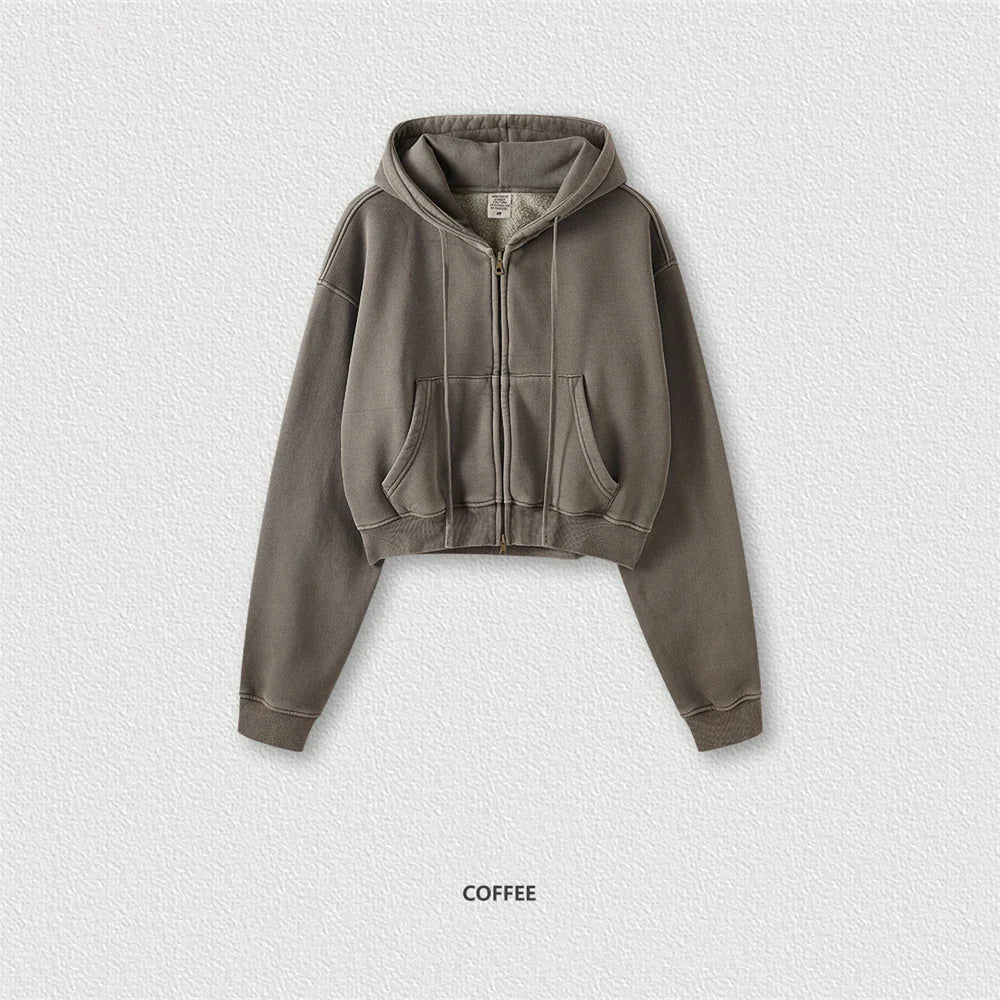 ZODF Retro 2025 Winter Women Short Zipper Hoodies Female Girls Loose 355gsm Thick Fleece Hooded Zip-up Coat Streetwears HY0448