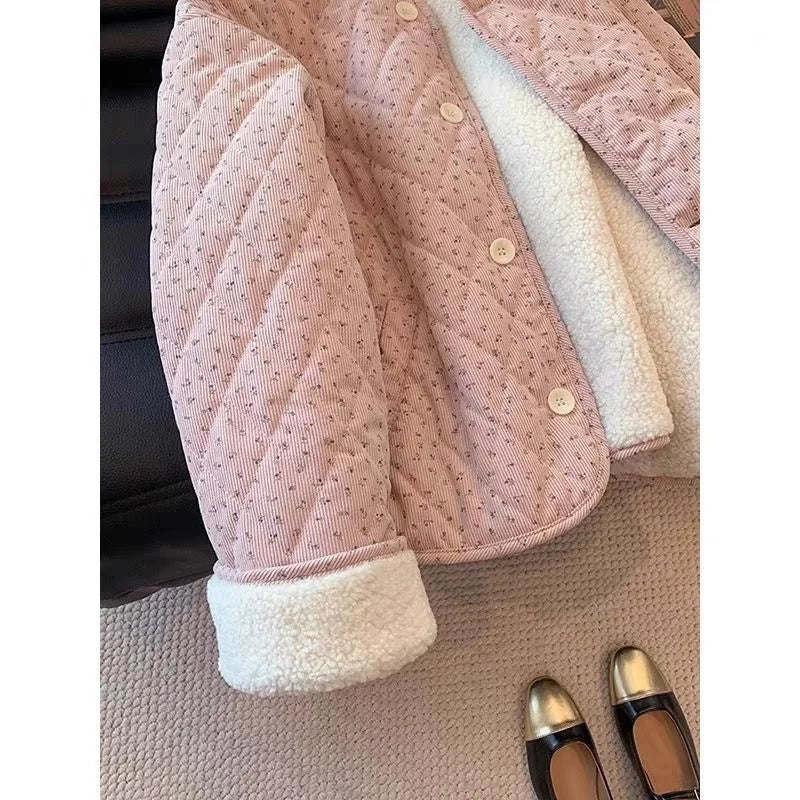 Chic Floral Corduroy Jacket for Women - Korean Loose Fit Round Neck Long Sleeve Cotton Top, Warm Versatile Autumn Winter Shacket