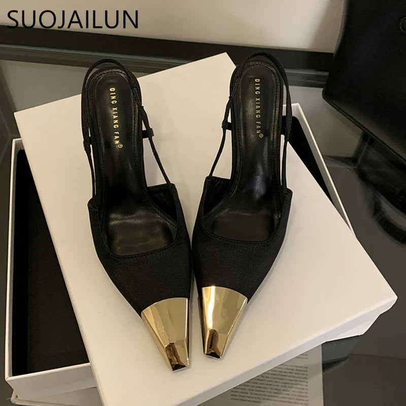 SUOJIALUN 2024 New Brand Women Sandal Fashion Mix Color Ladies Eelgant Outdoor Dress Slingback Shoes Thin High Heel Sexy Pumps S