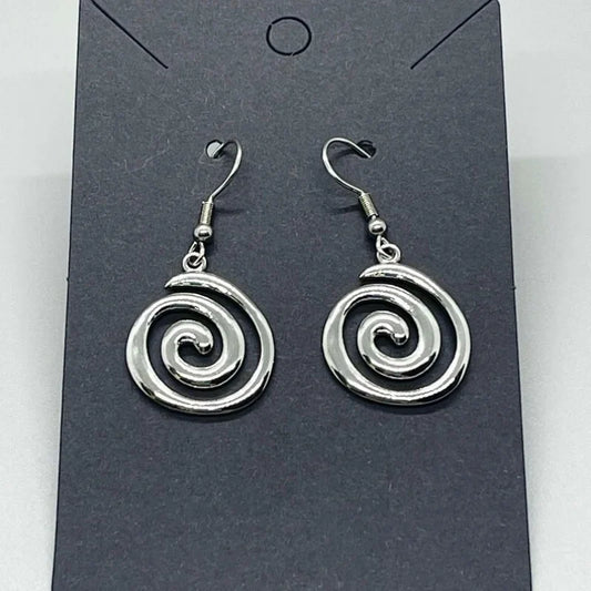 Stainless Steel Spiral Earrings Hypoallergenic Non Tarnish Silvery Swirl Vortex Charm Jewelry Gifts For Her ~ Fun Fashion