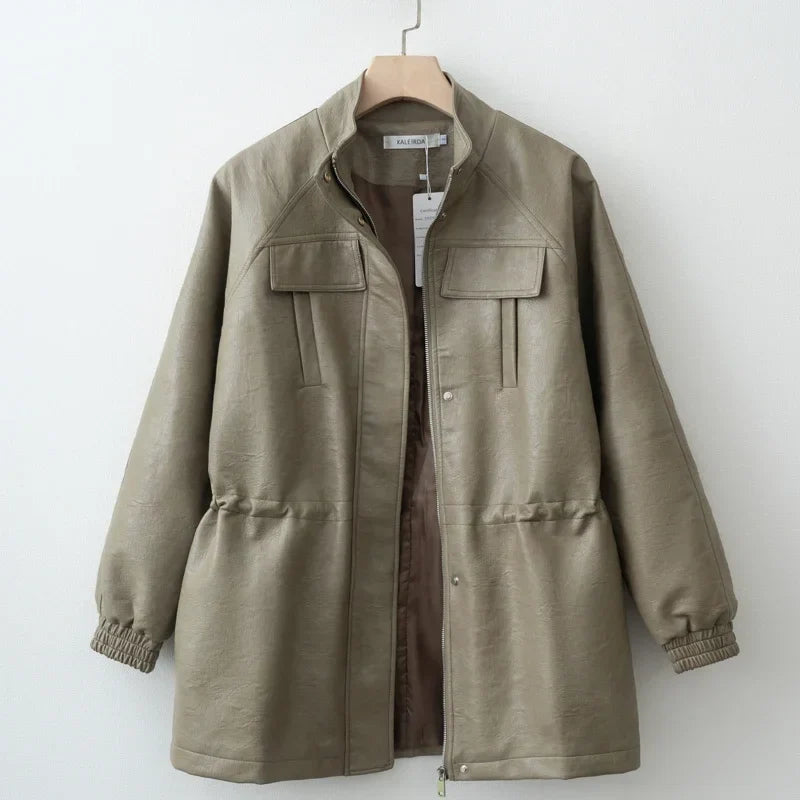 Women Fashion 2025 Fall / Autumn Pu Leather Jacket with Elastic adjustable waist Female Coat and Outerwear