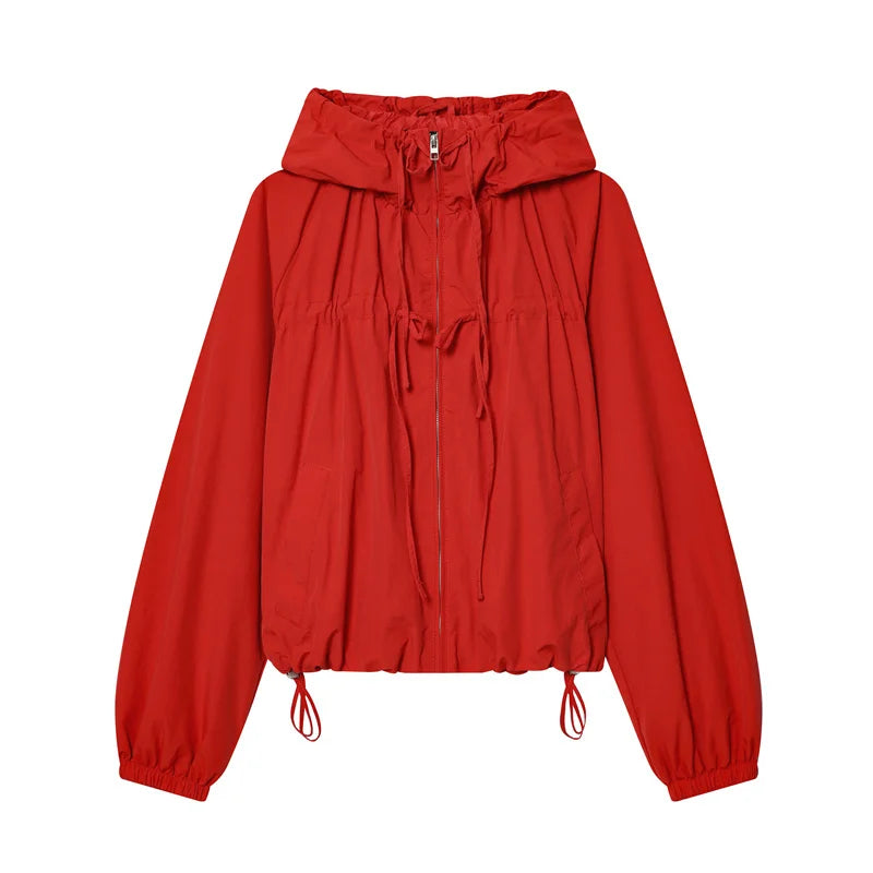 Women's Jacket 2026 Autumn New Red Long-Sleeve Drawstring Decorative Festive Hoodie Zipper Cardigan Casual Fashion Versatile