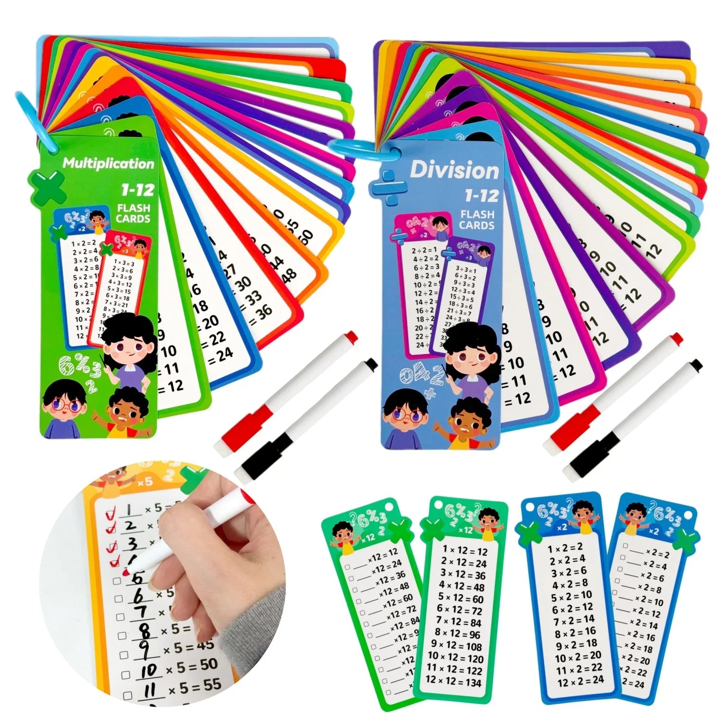 Digital Learning Flash Cards, Addition, Subtraction, Multiplication, Division, Fractions, Math Formula Memory, 15 Cards with Two Erasable Pens, Learning Toy