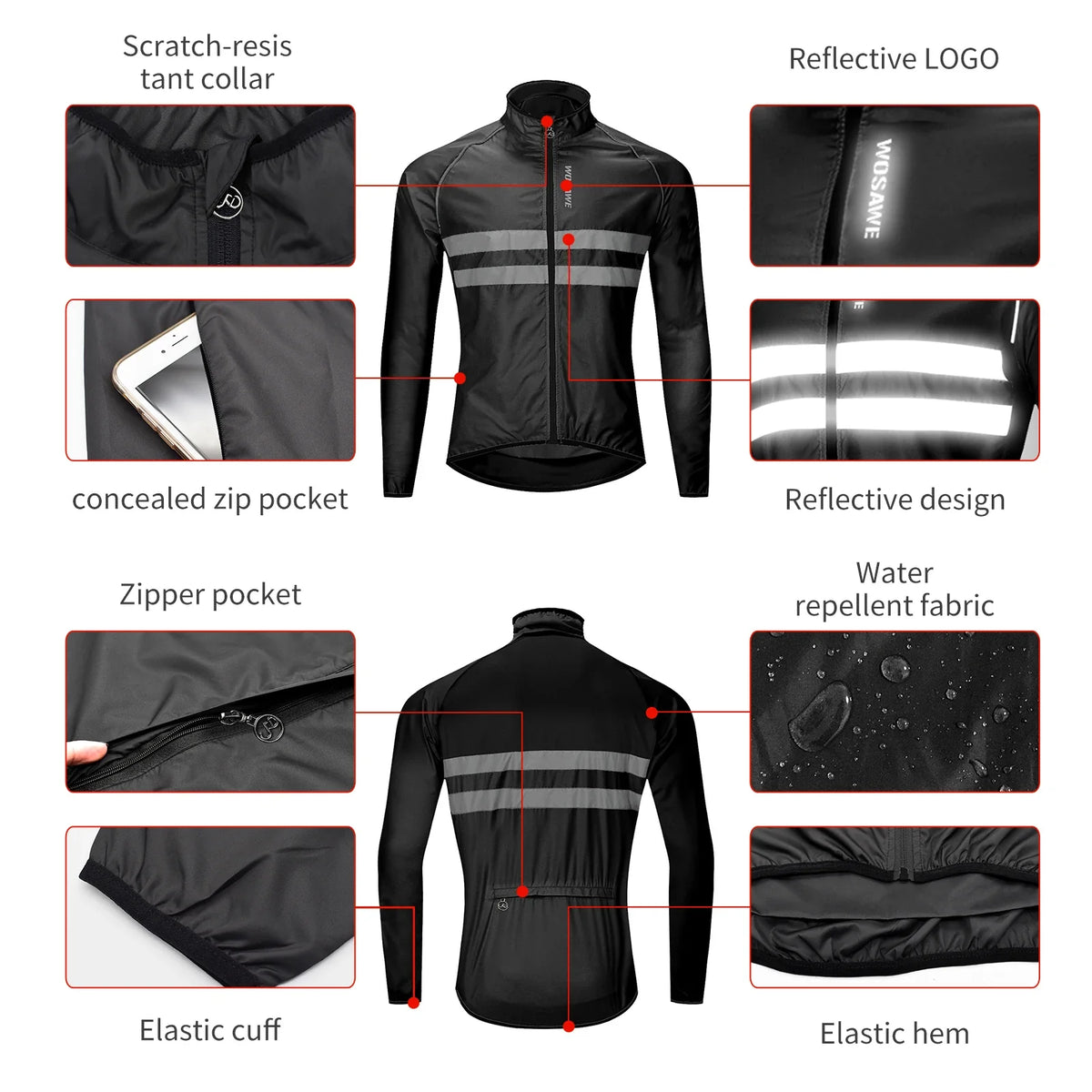 WOSAWE Men Cycling Windbreaker MTB Bicycle Long Sleeve Coat Water Resistant Outdoor Sport Jersey Bike Jacket Cycling Clothing