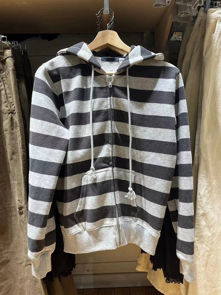 Striped Patchwork Zip-up Hoodie Autumn Cotton Pocket Drawstring Hooded Sweatshirt Women Y2k Streetwear Vintage Loose Tops Jacket