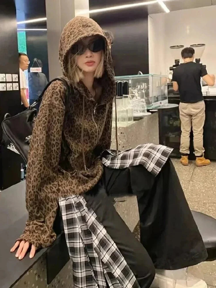 Y2K Leopard Print Hooded Jacket Women Full Zip Drawstring Hood Long Sleeve Loose Fit Streetwear Street Club Ladies Outerwear