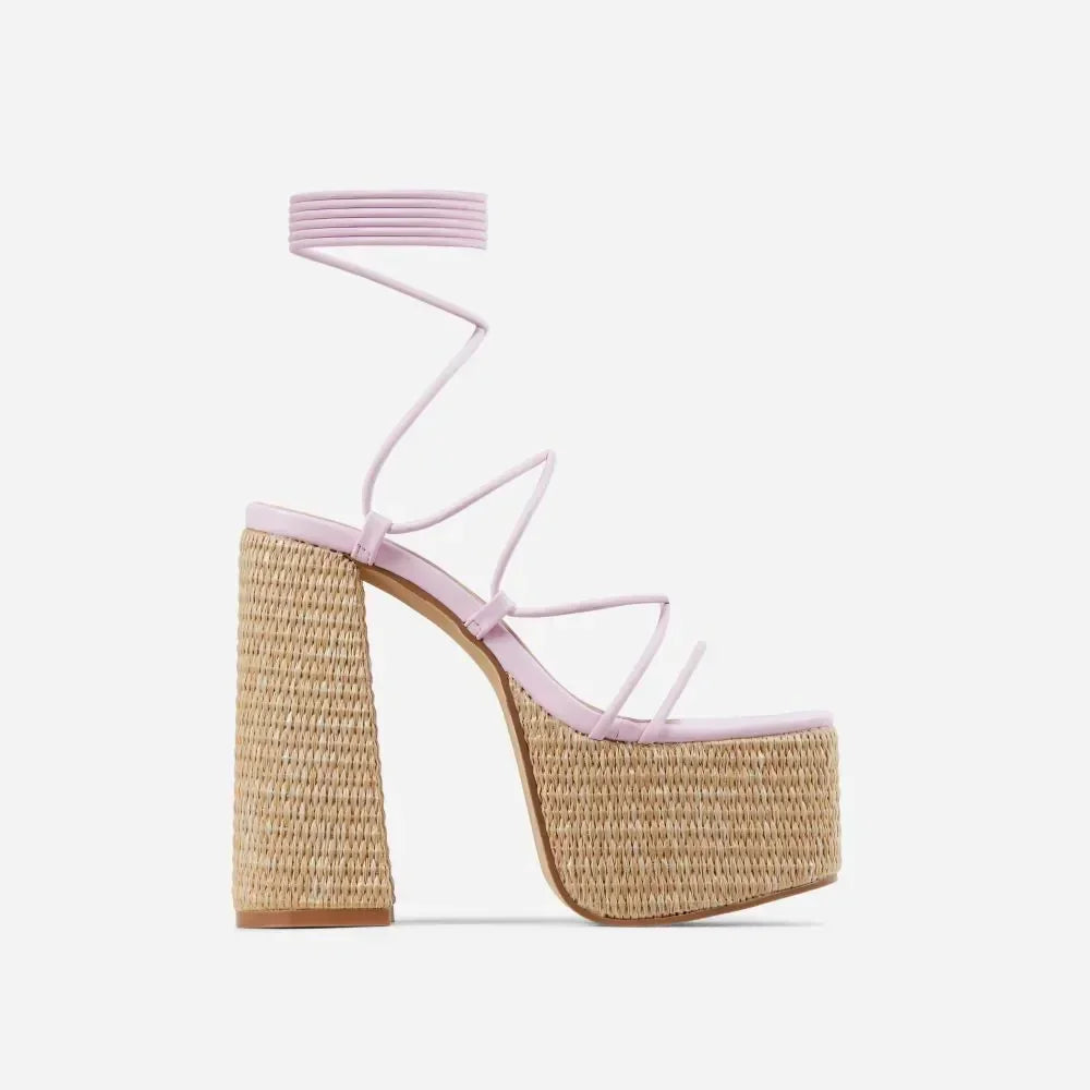 Woven Platform Lace Up Strappy Sandals Block Heel Open Toe Solid Color Sexy Roman Style Women Shoes Summer 2026 New Arrivals