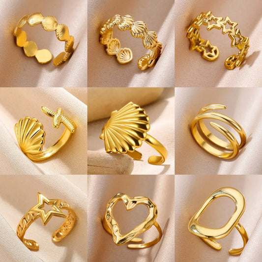 316L Stainless Steel Shell Rings for Women Adjustable Gold Color Little Star Open Rings Female Jewelry Weddings Gifts New Trendy