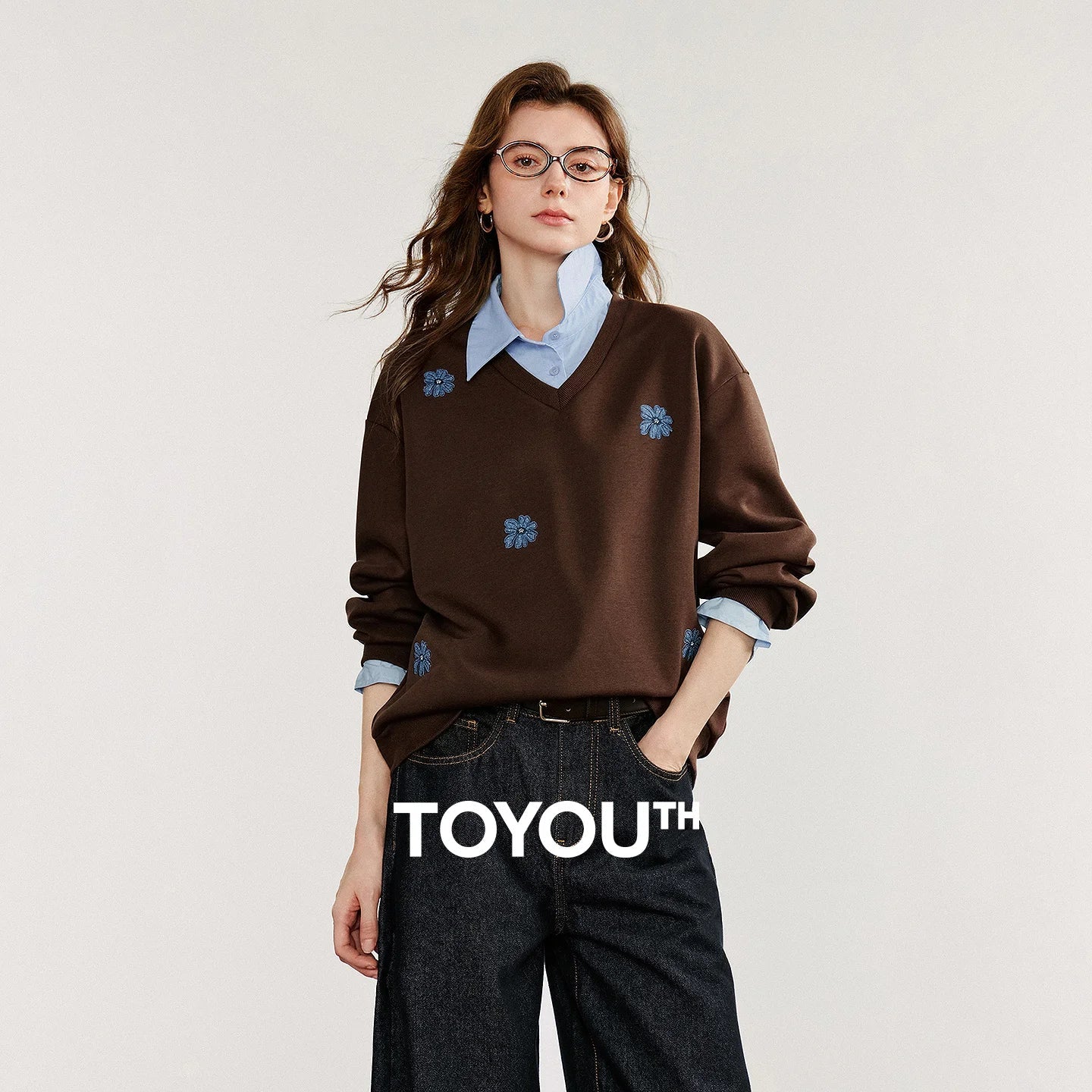TOYOUTH Women Sweatshirt 2025 Autumn New Denim Flower Embroidery Fake Two Piece Splicing Turn Down Collar Cotton Casual Pullover