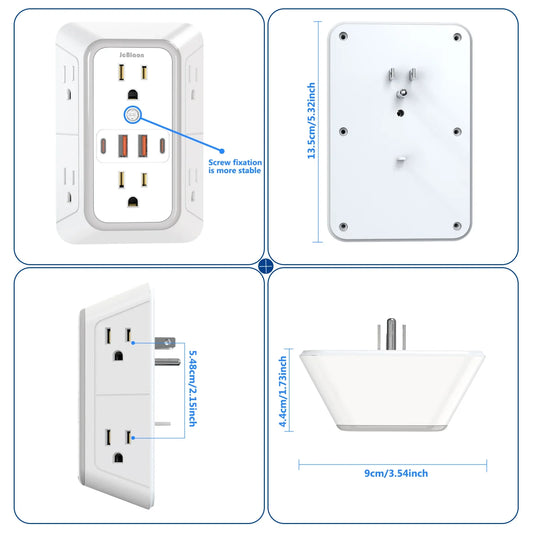 US Plug Power Strip with 6 AC Outlets 4 USB Port(2 Type C), Multi Socket Wall Socket Universal Network Filter Fast Charging