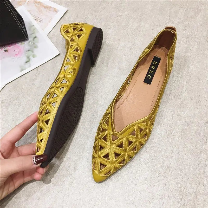 Flat Shoes Women 2026 Summer Pointy Joker Hollow Leisure Commuter Flat Spring Elegant Women's Shoes Breathable Hole Shoes