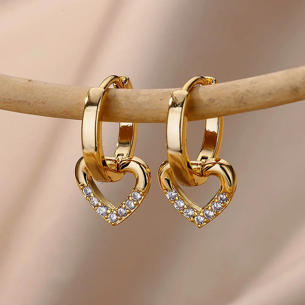 Hollow Zircon Heart Earrings For Women Stainless Steel Gold Color Heart Earring Luxury Wedding Couple Jewelry Gift Free Shipping