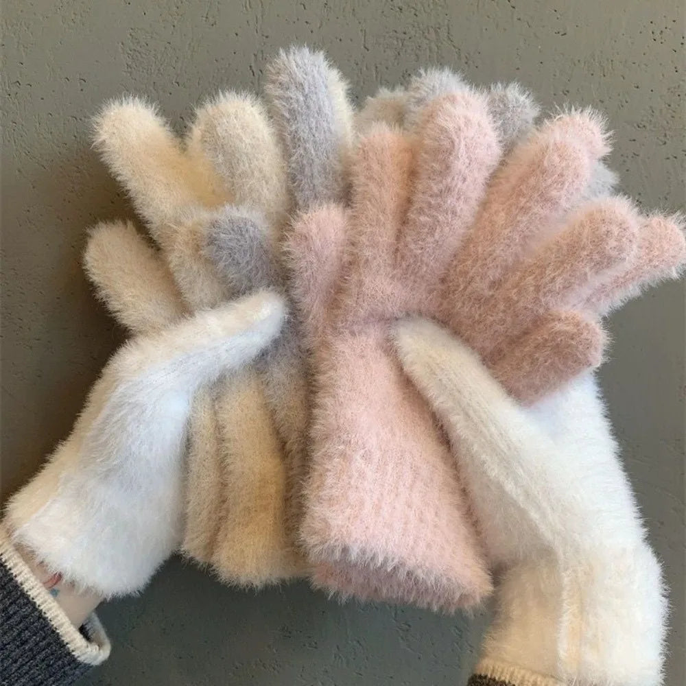 Fashion Winter Mink Velvet Five Finger Gloves Plush Warm Cold-proof Gloves Women Outdoors Cycling Solid Color Winter Gloves