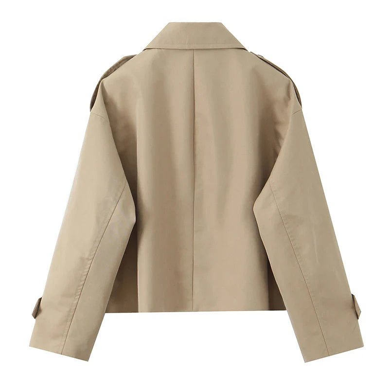 Willshela Women Fashion Khaki Double Breasted Short Trench Jacket Vintage Notched Neck Long Sleeve Female Chic Lady Coat Outfits