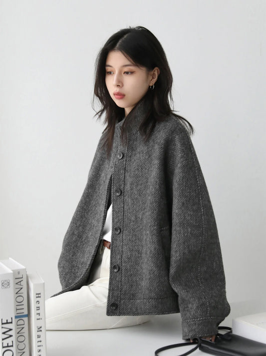 CHIC VEN Women Short Woolen Coat New Stand Up Twill Texture Single Breasted Ladies Jacket Retro Woman Outwear Autumn Winter 2025