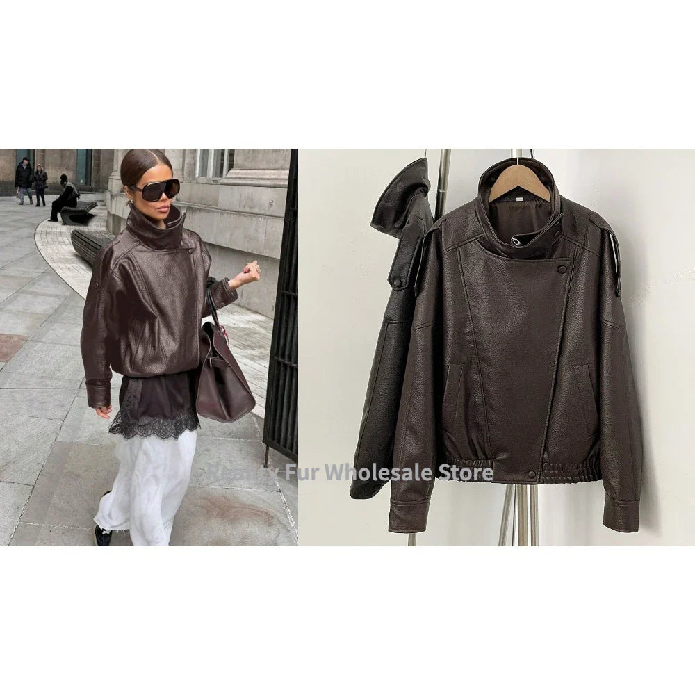 Fake leather Coat Women Y2k Faux Leather Jacket New Casual PU Jacket Motorcycle Style Leather Jacket Pebble Fall Personality