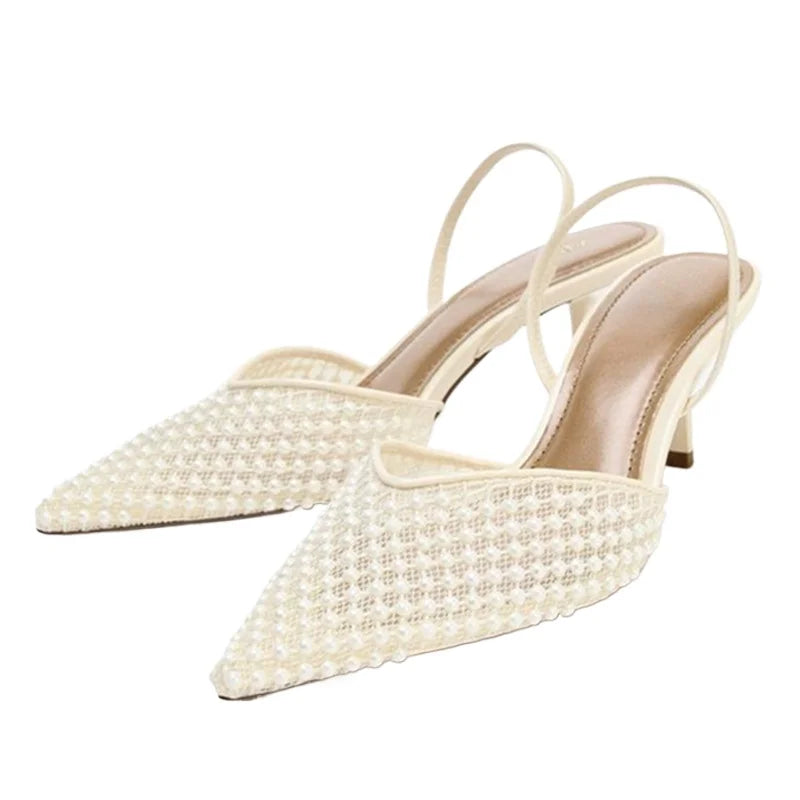 Mesh String Bead Brand Sandals Women Pumps Pointed Toe Elegant Slingback High Heels Female Designer Banquet Wedding Dress Shoes