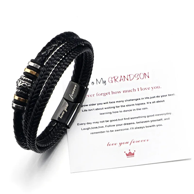 Bracelet for Son/Grandson From Parents, Stainless Steel Leather Bead Grown Up Meaningful Graduation Gifts for His Birthday 8.5"