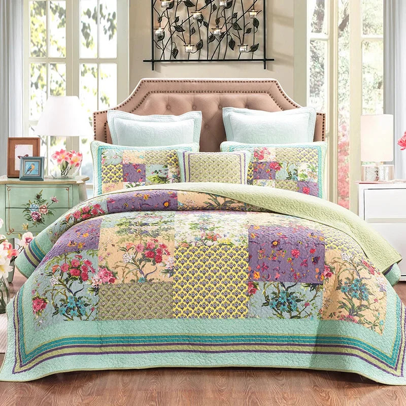 Vintage Patchwork Cotton Quilt Set 3PCS King/Queen - All-Season Thin Comforter Bedspread,Breathable Quilted Coverlet Bedding